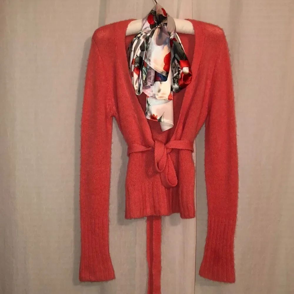Free People L Angel Soft Wool Blend Coral Knit Open Front Tie Pullover Sweater